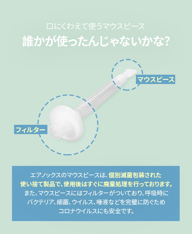 エアノックスのマウスピースは、個別滅菌包装された使い捨て製品で、使用後はすぐに廃棄処理を行っております。また、マウスピースにはフィルターがついており、呼吸時にバクテリア、細菌、ウイルス、唾液などを完璧に防ぐためコロナウイルスにも安全です。